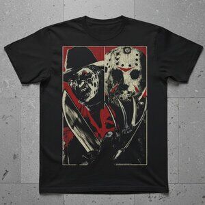 Freddy vs Jason Evil Battles Evil Split Panel Horror Graphic Tee Black